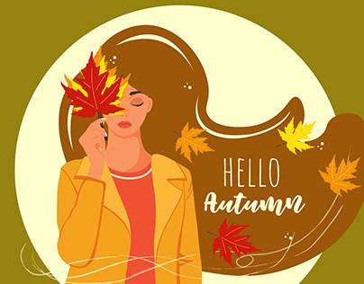 Autumn illustration girl with leaves. Digital art