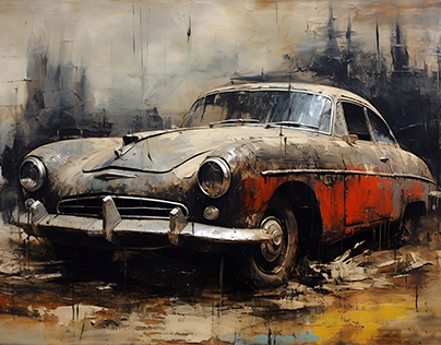 A Oil Painting of a vintage car