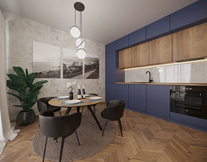 shades of navy blue in the living room with kitchenette