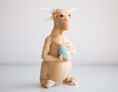 Sculpture of Reptiloid Demon with Egg, ooak weird doll