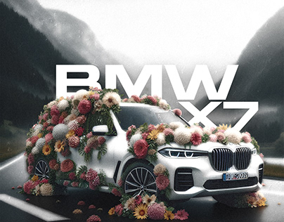 BMW X7 overgrown with colorful flowers poster design