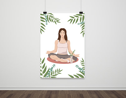 Poster for a yoga center with a girl in a lotus pose.