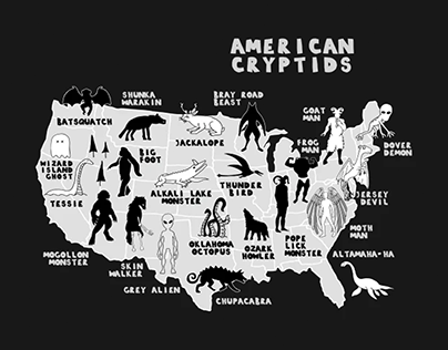 Cryptids in the USA Map Illustration