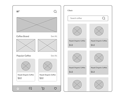 Wireframing concept for coffee e-commerce mobile app