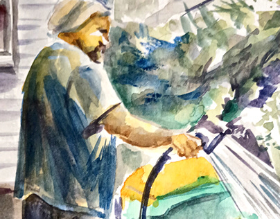 Gardener in the yard sketch. watercolor on paper