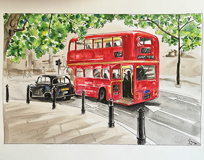 London City Bus, Urban illustration- ink and watercolor