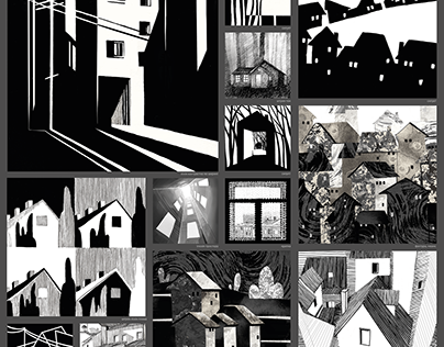 A collection of ilustrations of buildings