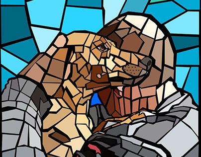 dog and man in the style of stained glass