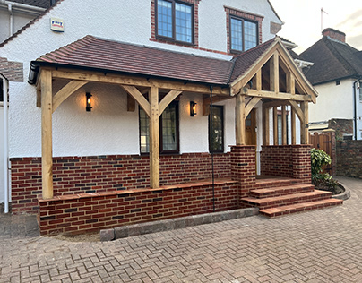 A new porch in oak timber frame with a ramp
