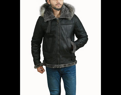 Black Sheepskin Aviator Fur Hooded Shearling Jacket