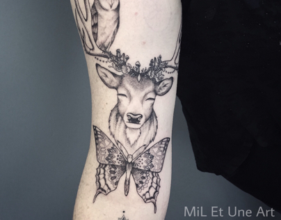 Butterfly deer and sleepy owl tattoo