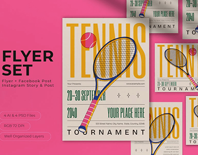 Yellow Maximalist Tennis Tournament Flyer Set