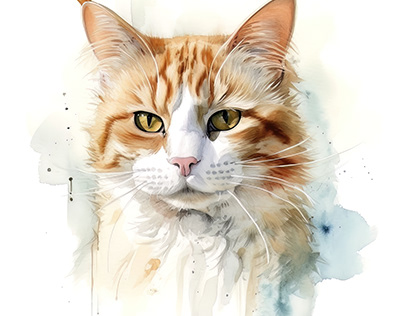 Farm Cat Portrait Watercolor Painting