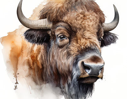 Bison Animal Portrait Watercolor Painting