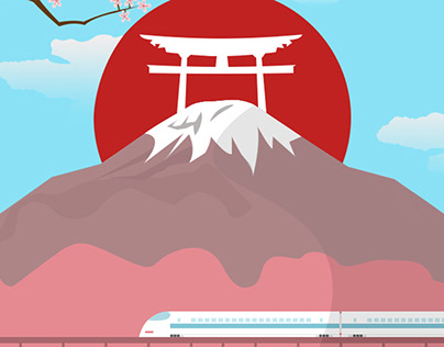 Mount Fuji With Bullet Train And Torii Illustration