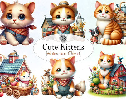 Watercolor Cute Kittens Clipart