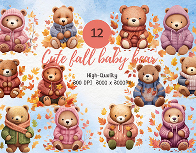 Cute fall baby bears clipart