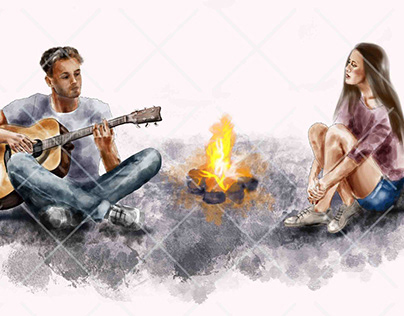 a girl and a guy at the campfire play the guitar