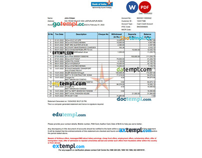 India Bank of India statement template Word and pdf