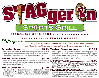 STAGgerIN Sports Grill | Menu Redesign | Starkville MS