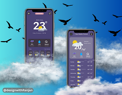 Weather app interface with Hourly and Weekly forecasts.