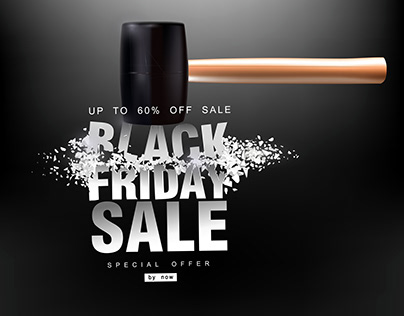 Black Friday sale. Hammer blow with flying splinters.