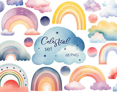 Celestial Dreams - Watercolor Rainbow & Clouds