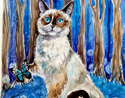 Original Ukrainian watercolor painting, Cat and Nature