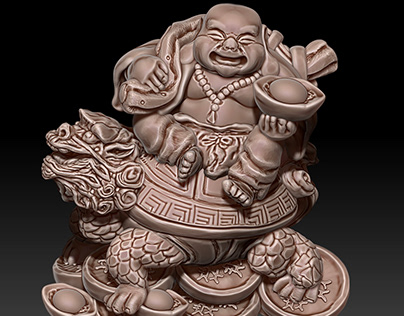 Netsuke figurine - Hotei on a dragon turtle.