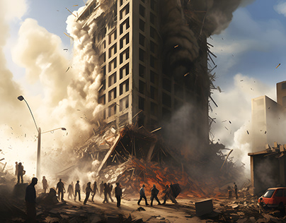 Destruction of a skyscraper and evacuation of civilians