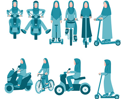 Set of muslim woman character riding transportation