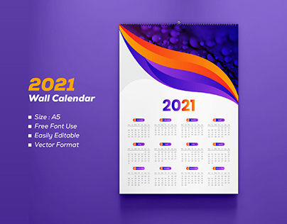 Wall Calendar Template Design. 2021 One Page Calendar.