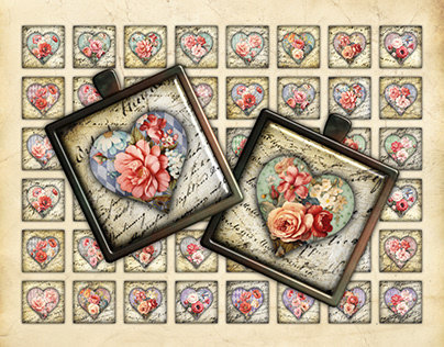 Floral Hearts 1 Inch Squares Printable Collage Sheet
