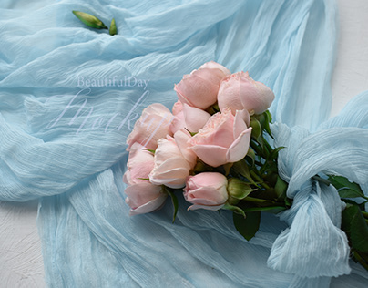 bouquet of roses,pink roses, pale blue chiffon,Bridal b