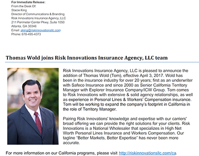 Press Release for CA_ Tom Wold_Risk Innovations Apr '17