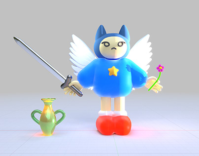 baby winged cat boy holding sword and flower + vase