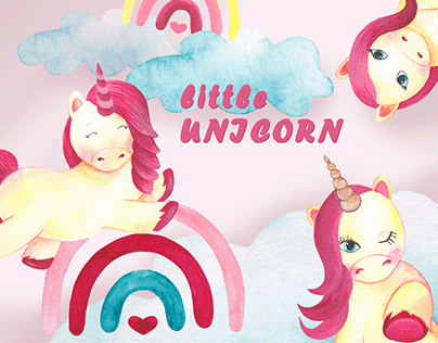Watercolor baby girl unicorn clipart
