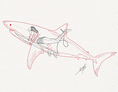Surfer girl and shark double line art illustration