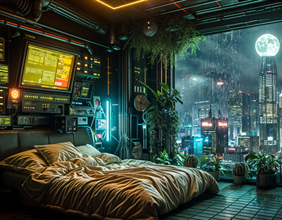 Cyberpunk bedroom with a view of the city