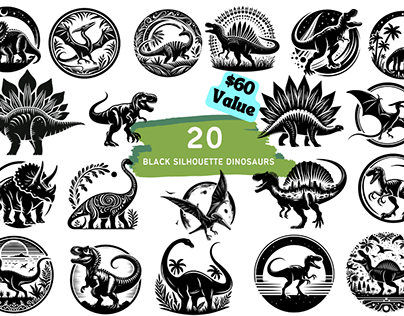 Black Silhouette Dinosaurs Bundle - 20 PNG 4000x4000px