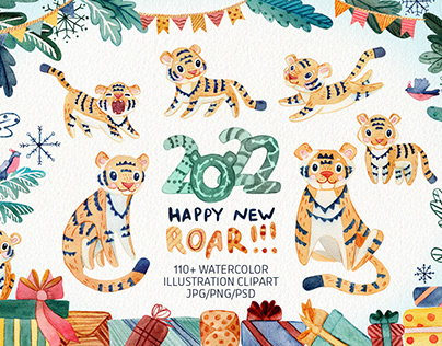Happy New Roar! Watercolor illustrations set