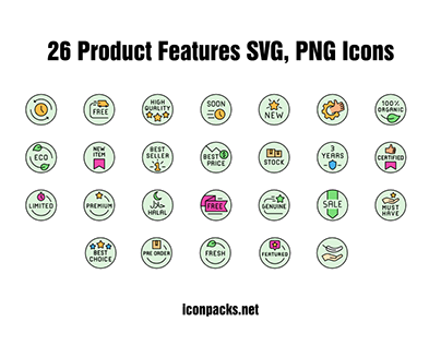 26 Free Product Features SVG, PNG Icons.