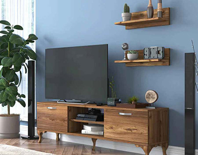 Modern Pedestal Design TV Unit with Wall Shelf