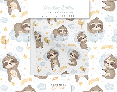 Sleeping Sloths Seamless Vector Pattern Design