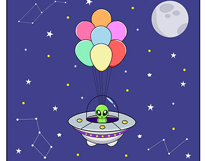 Cute Alien in Flying Saucer with Balloons