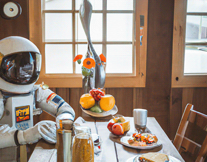 An astronaut having breakfast