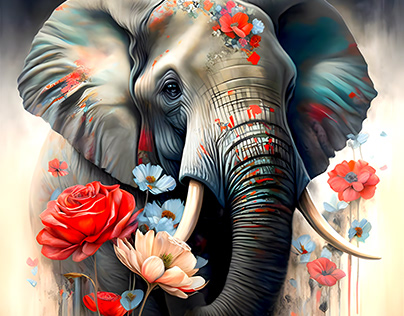 Vénérable éléphant au milieu de fleurs