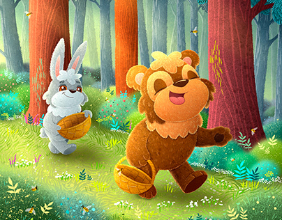 Little bear invites his friends. Book illustrations.