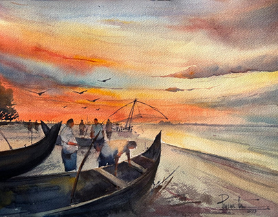 Sunset and fishermen in Fortkochi Kerala