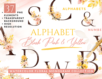 Watercolor Blush Pink Yellow Alphabet Collection